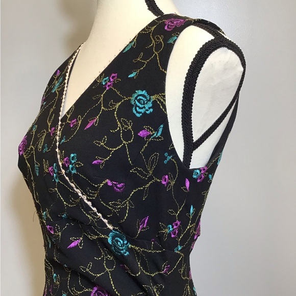 Vintage 90s Nicole Miller Floral Midi Embroidered Lace V-Neck Black Dress Size 8 - Picture 7 of 16